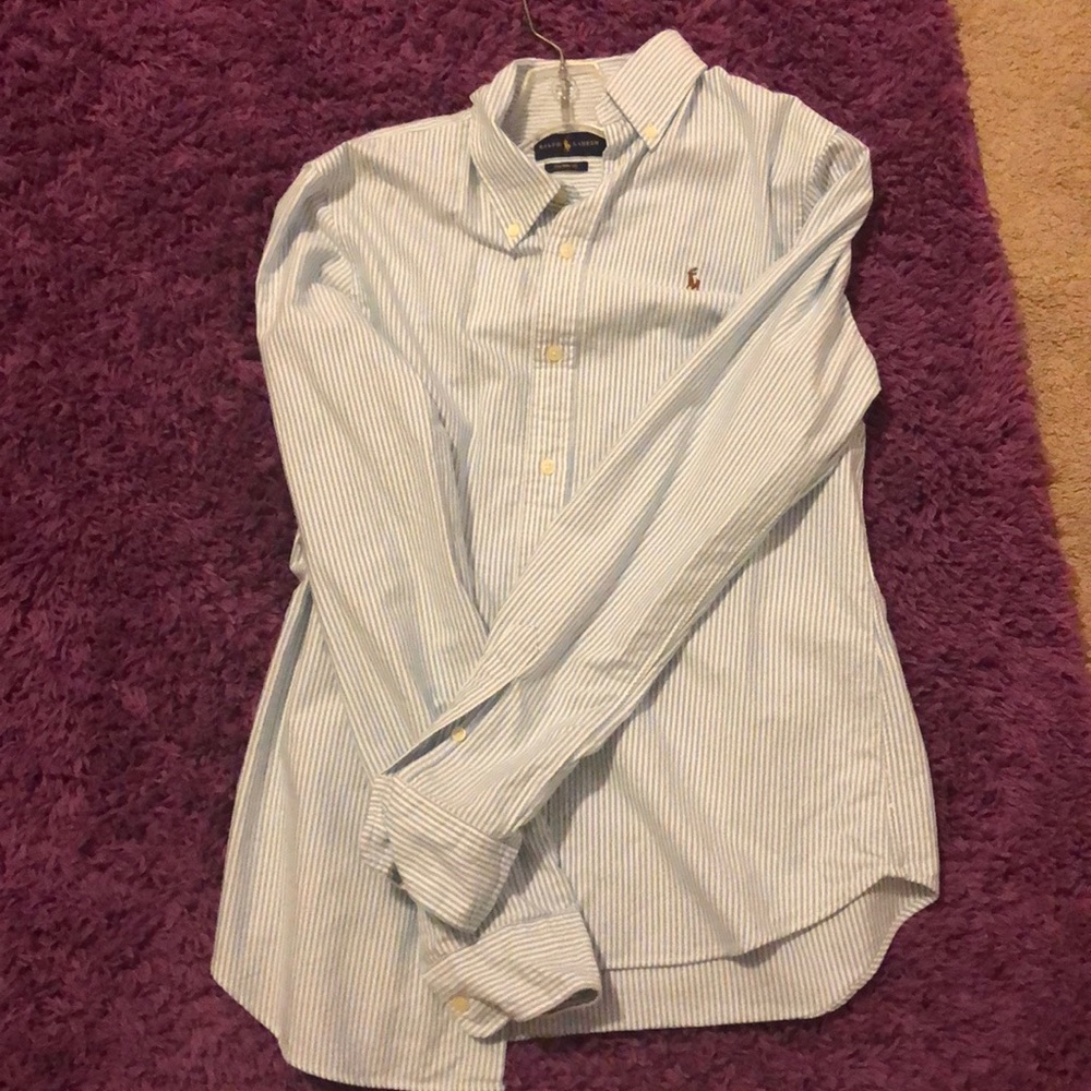 Blue and white button down polo shirt